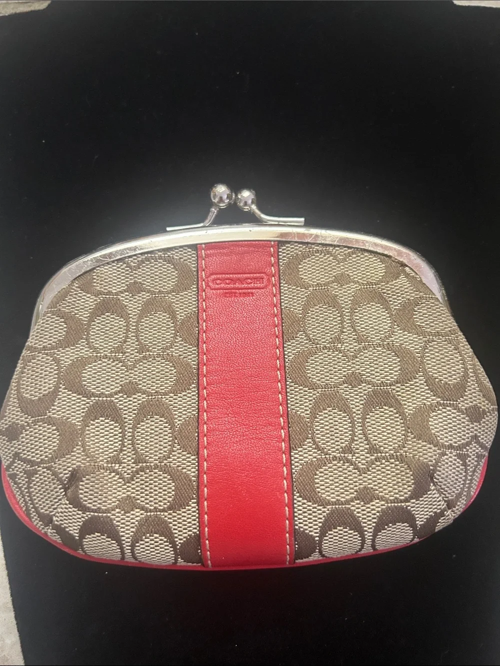 Coach Signature Canvas Coin Pouch in Khaki and Red VGUC